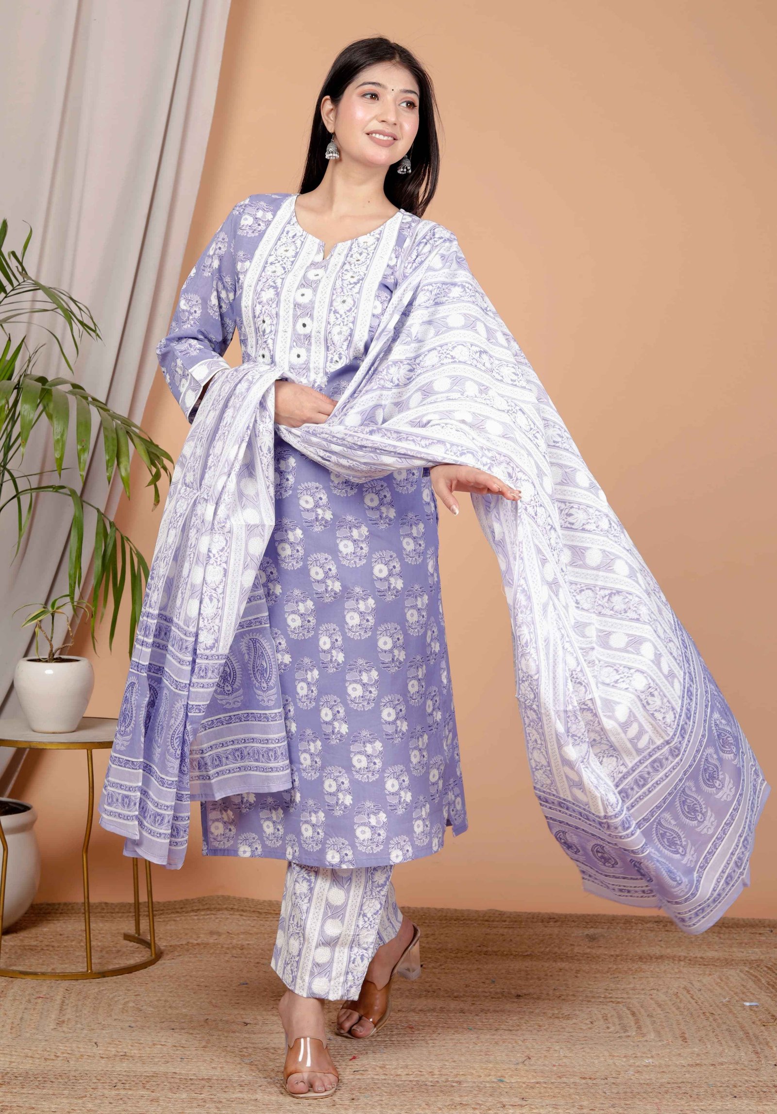 Lavender Floral Printed Cotton Kurta Set with Dupatta